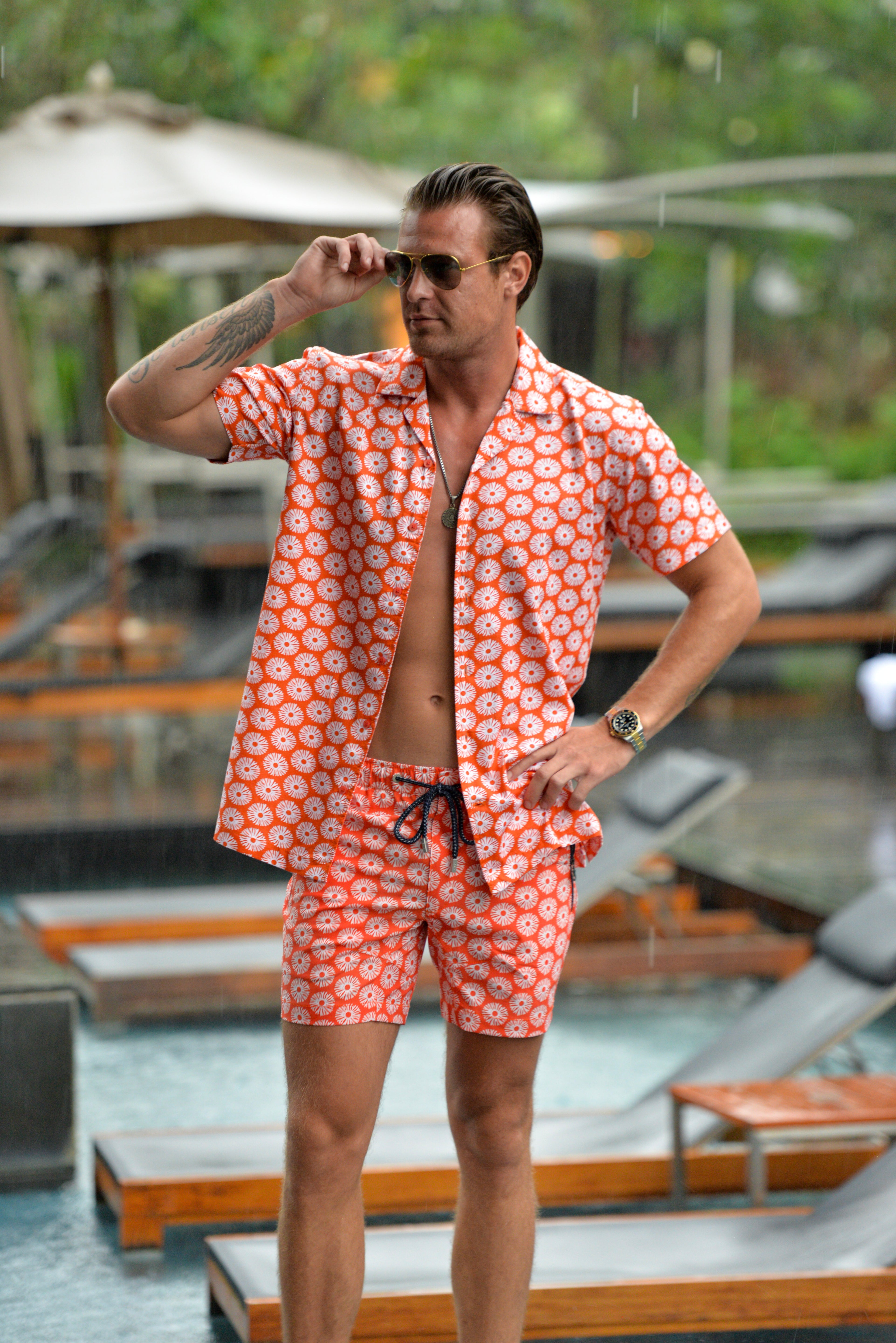 Men's Mustique Patterned Short Sleeve Camp Collar Linen Shirt - Maison Soleil