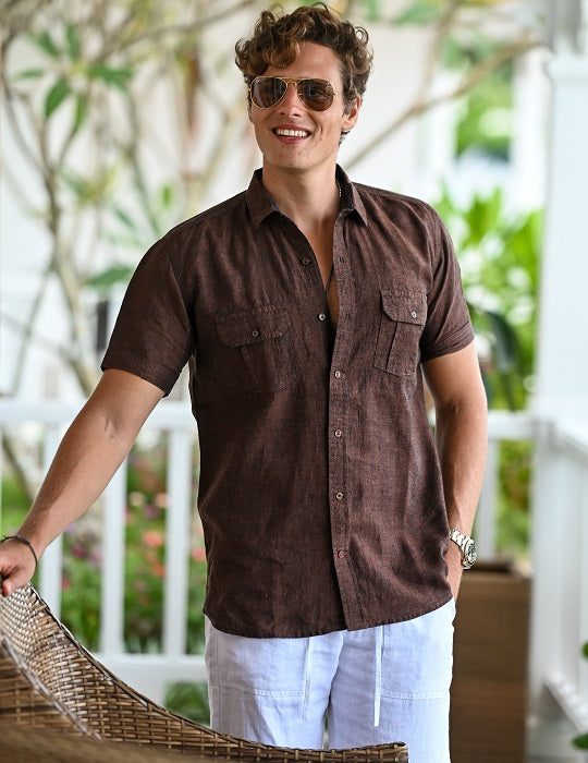 Men's Aruba Solid Short Sleeve Cargo Linen Shirts