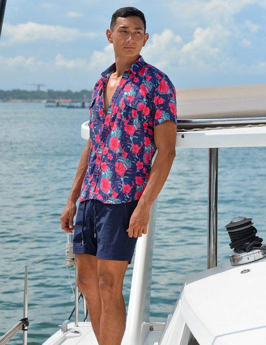 Men's Aruba Patterned Short Sleeve Cargo Linen Shirts