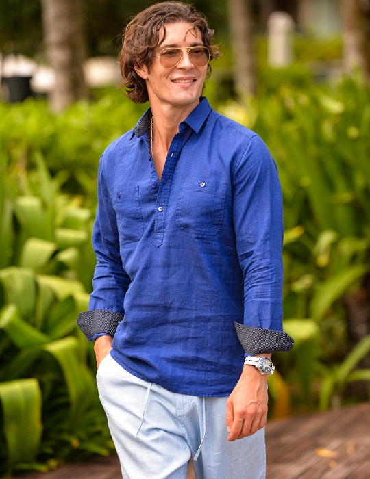 Ibiza Long Sleeve Solid Pull on Linen Shirts