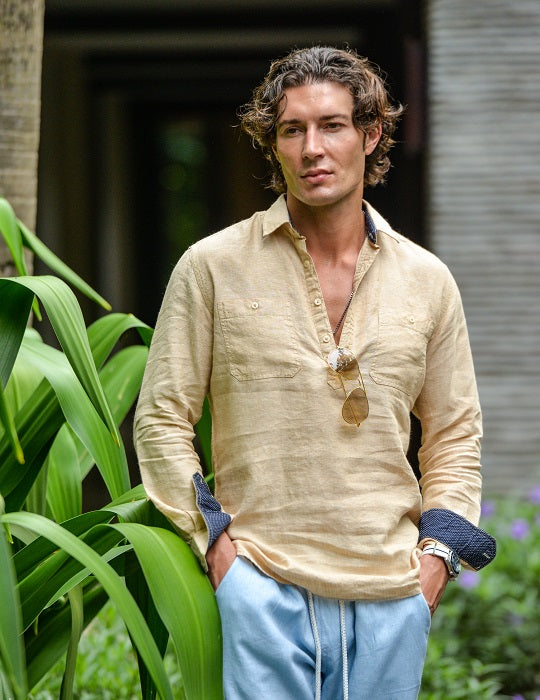 Ibiza Long Sleeve Solid Pull on Linen Shirts