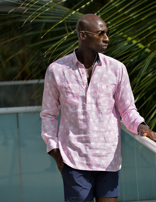 Men's Ibiza Long Sleeve Patterned Pull on Linen Shirts