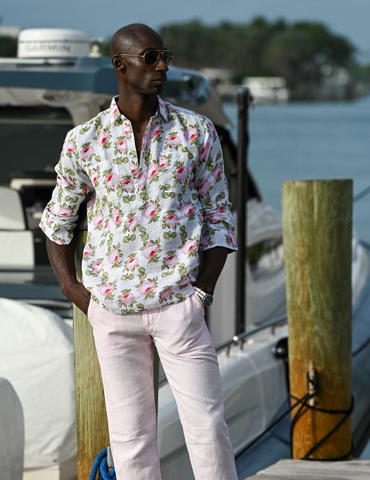 Ibiza Long Sleeve Patterned Pull on Linen Shirts