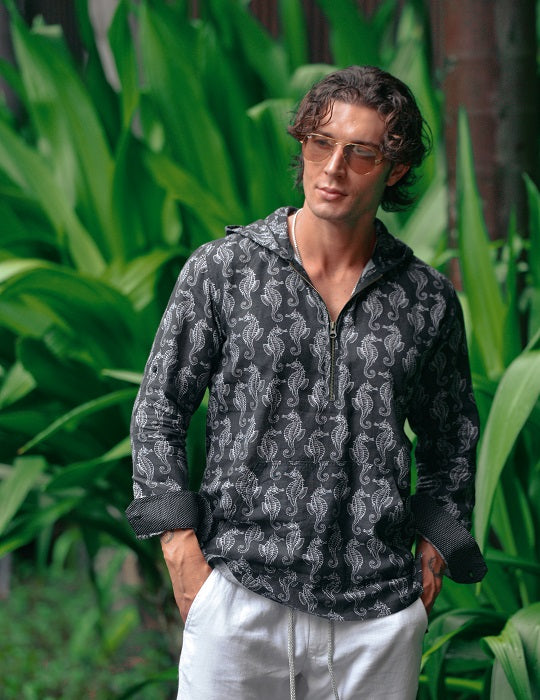 Men's Long Beach Patterned Linen Hoodies