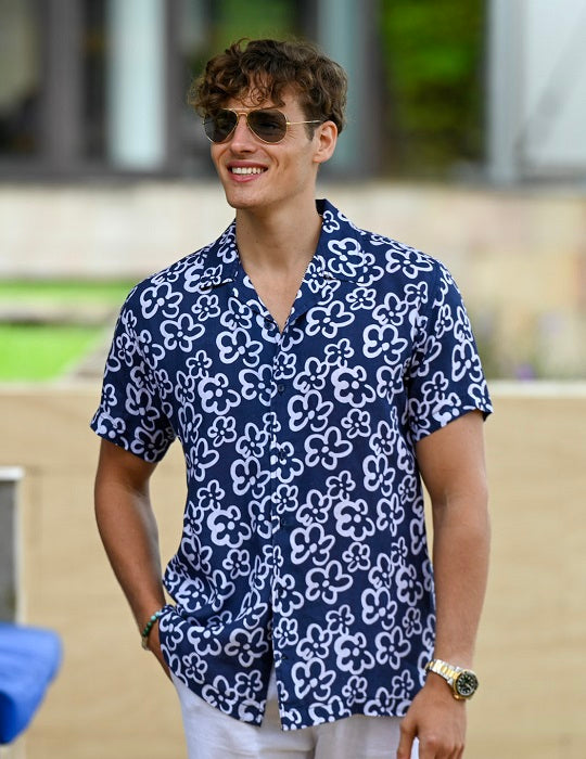 Men's Mustique Patterned Short Sleeve Camp Collar Linen Shirts - Mirasol