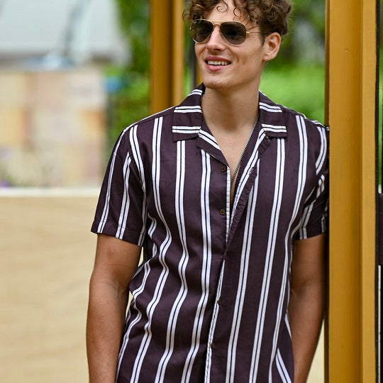 Men's Mustique Patterned Short Sleeve Camp Collar Linen Shirts - Sporty Stripes