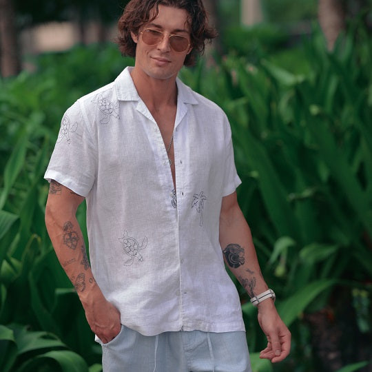 Men's Mustique All Over Embroidered Short Sleeve Camp Collar Linen Shirts
