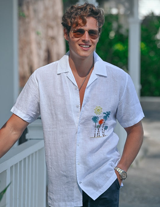 Men's Mustique Palms Linen Short Sleeve Shirts with Chest Embroidery