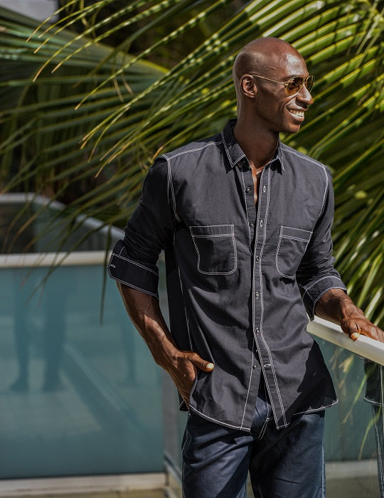Oceanside Long Sleeve Linen Shirt with Contrast Stitching