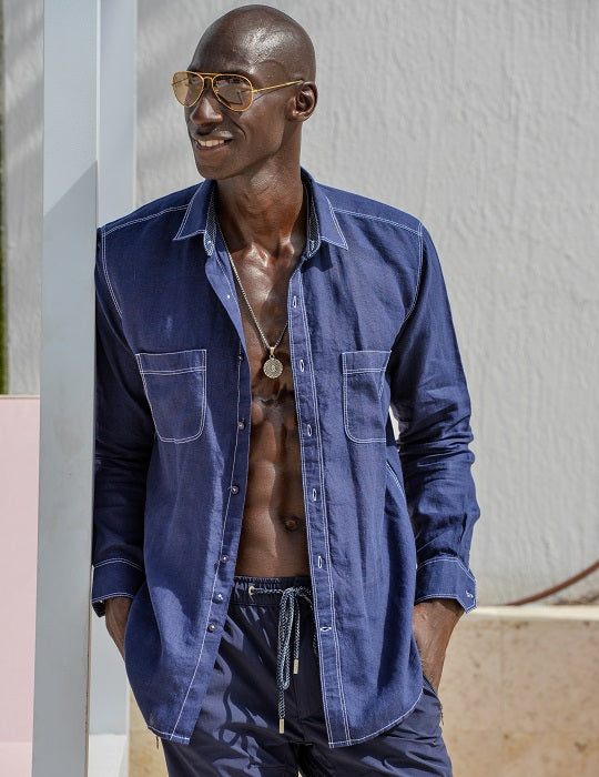 Oceanside Long Sleeve Linen Shirt with Contrast Stitching