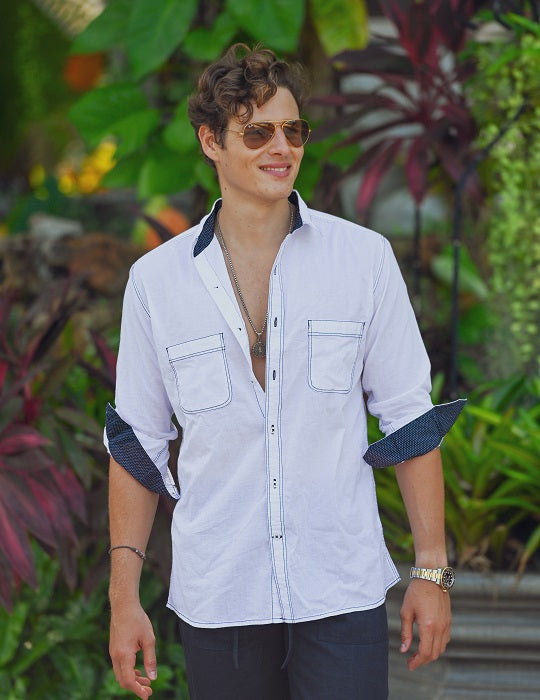 Oceanside Long Sleeve Linen Shirt with Contrast Stitching