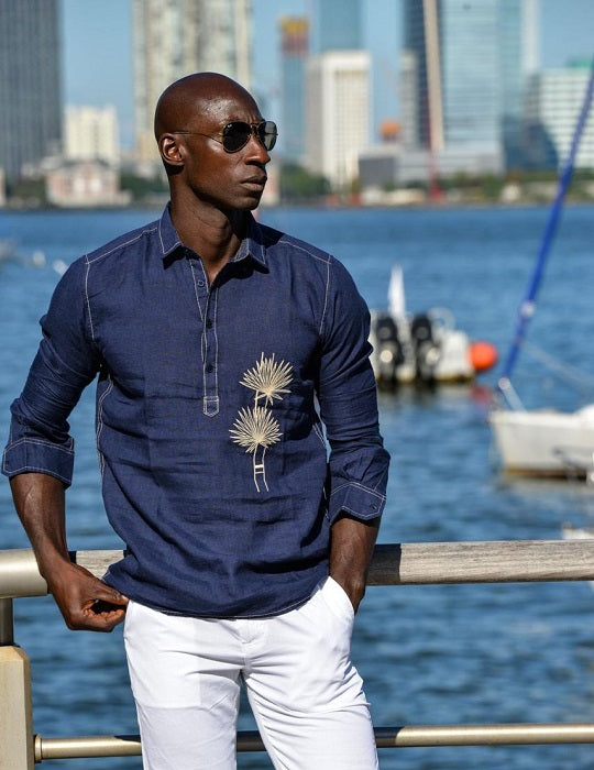 Men's Sardinia Embroidered Long Sleeve Pull on Linen Shirts