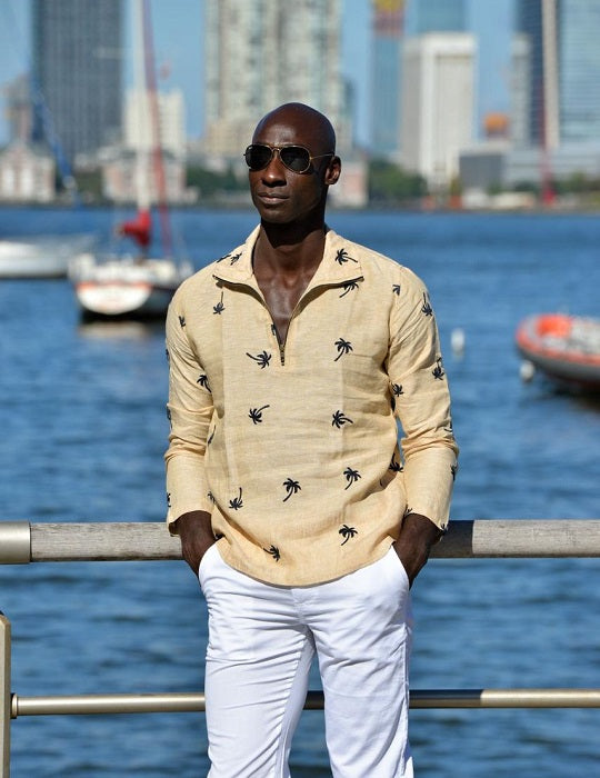 Men's Sicily All Over Embroidered Long Sleeve Zip Up Linen Shirts