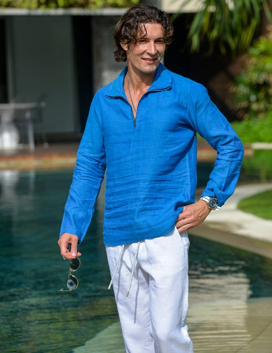 Men's Sicily Solid Long Sleeve Zip Up Linen Shirts