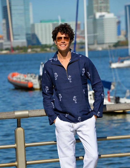 Men's Sicily All Over Embroidered Long Sleeve Zip Up Linen Shirts