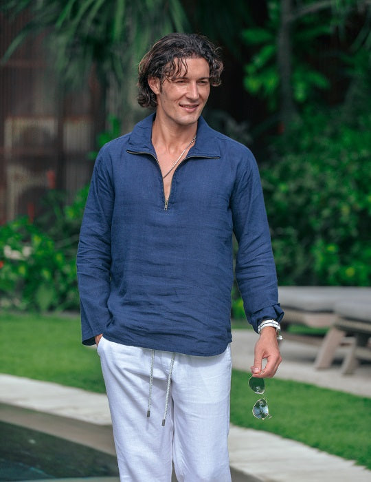 Men's Sicily Solid Long Sleeve Zip Up Linen Shirts