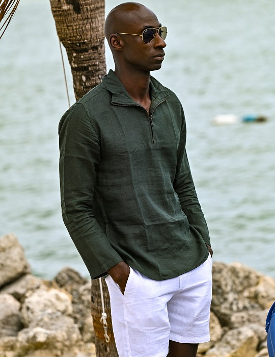 Sicily Solid Long Sleeve Zip Up Linen Shirts