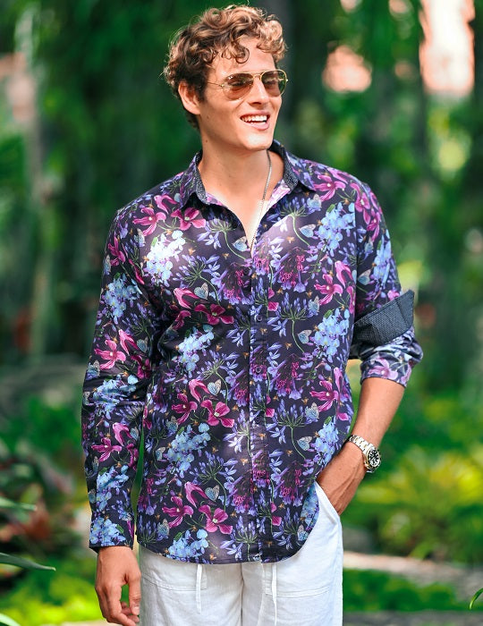 Men's St-Jean Lightweight Cotton Voile Shirt – Midnight Flowers