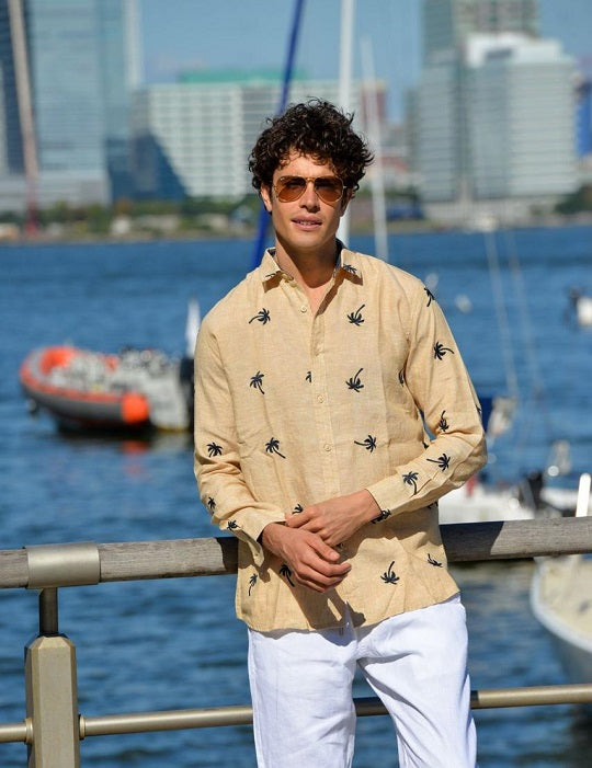 Men's St Barth Embroidered (Beige with Navy Palm) Linen Shirt