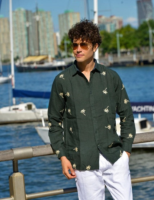 Men's St Barth All Over Embroidered Linen Long Sleeve Shirts