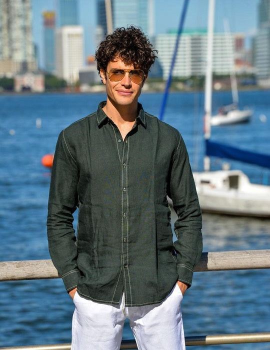 Men's St Barth Solid Contrast Stitched Linen Long Sleeve Shirts