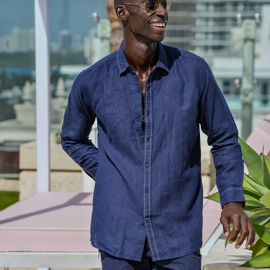 Men's St Barth Saddle Stitch Solid Linen Long Sleeve Shirts