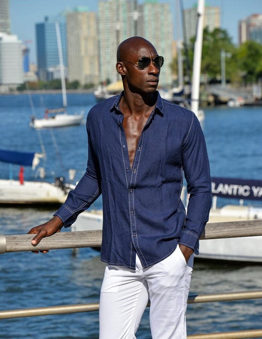 Men's St Barth Solid Contrast Stitched Linen Long Sleeve Shirts