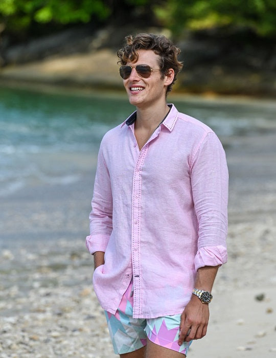 St Barth Saddle Stitch Solid Linen Long Sleeve Shirts