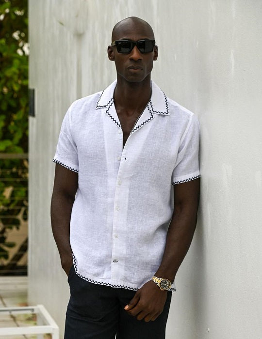 Maldini Short Sleeve Linen Shirt with Embroidery