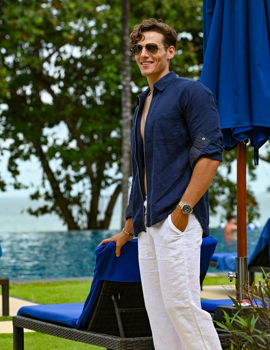 Men's Pitt Solid Long Sleeve Linen Zip Front Shirts