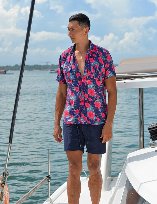 Men's Aruba Patterned Short Sleeve Cargo Linen Shirts