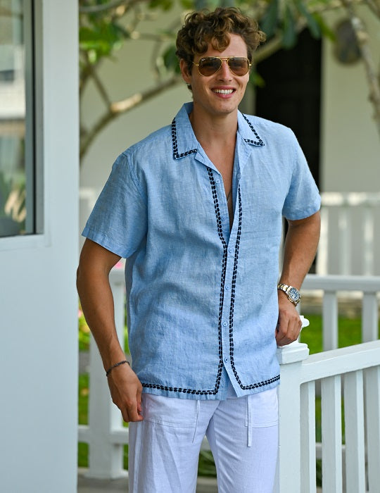 Bron Short Sleeve Linen Shirt with Panel Embroidery