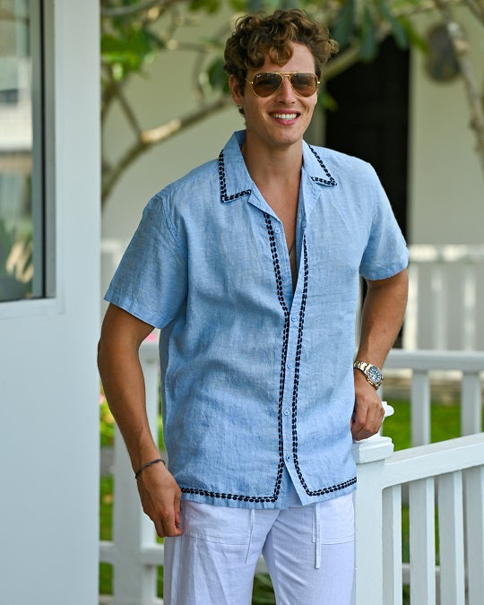 Men's Bron Short Sleeve Linen Shirt with Panel Embroidery
