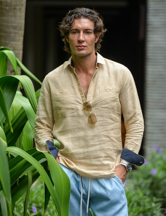 Ibiza Long Sleeve Solid Pull on Linen Shirts