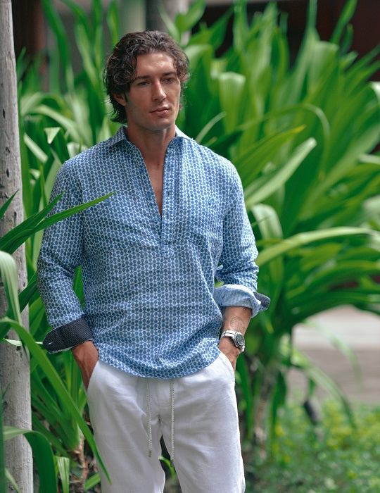 Men's Ibiza Long Sleeve Patterned Pull on Linen Shirts