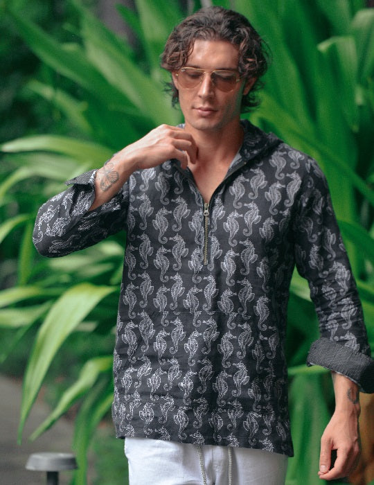 Men's Long Beach Patterned Linen Hoodies