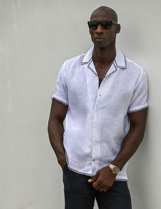 Maldini Short Sleeve Linen Shirt with Embroidery