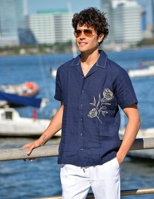 Mustique Embroidered Short Sleeve Camp Collar Linen Shirts