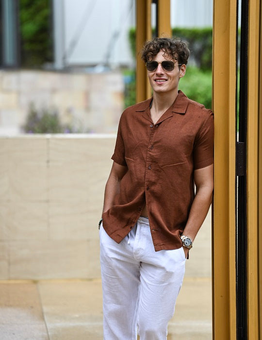 Men's Mustique Solid Short Sleeve Camp Collar Linen Shirt - Chocolate Brown
