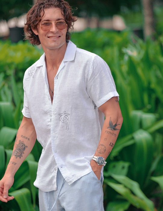 Mustique All Over Embroidered Short Sleeve Camp Collar Linen Shirts