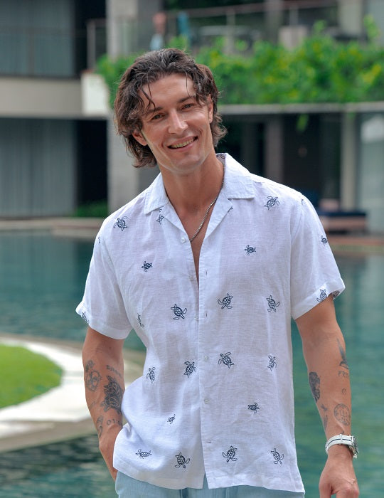 Men's Mustique All Over Embroidered Short Sleeve Camp Collar Linen Shirts