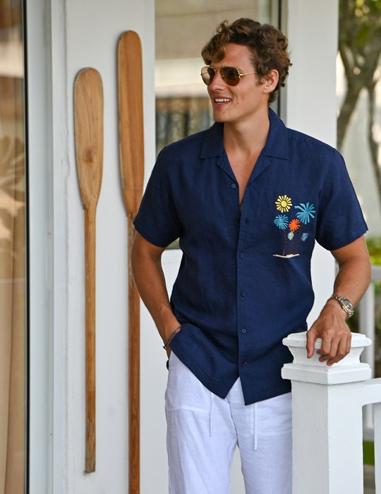 Men's Mustique Palms Linen Short Sleeve Shirts with Chest Embroidery
