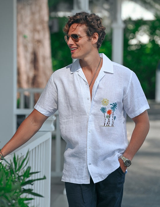 Men's Mustique Palms Linen Short Sleeve Shirts with Chest Embroidery