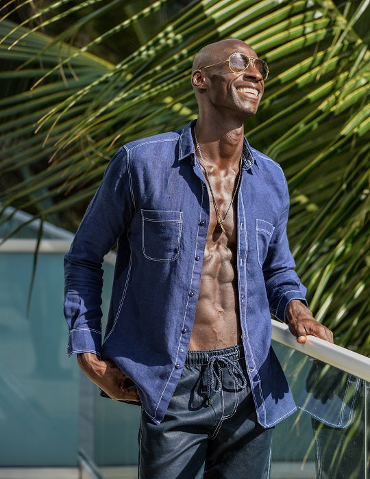 Oceanside Long Sleeve Linen Shirt with Contrast Stitching
