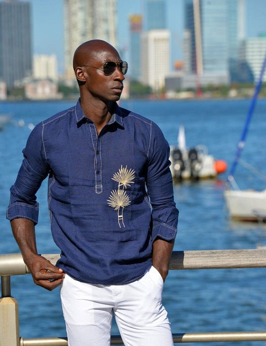 Men's Sardinia Embroidered Long Sleeve Pull on Linen Shirts