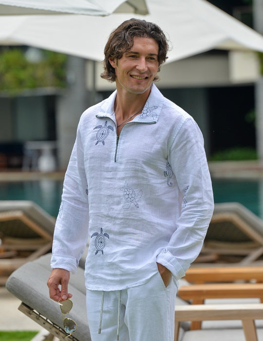 Sicily All Over Embroidered Long Sleeve Zip Up Linen Shirts