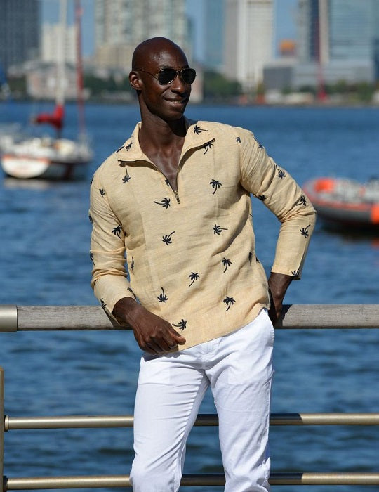 Sicily All Over Embroidered Long Sleeve Zip Up Linen Shirts