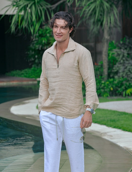 Sicily Solid Long Sleeve Zip Up Linen Shirts
