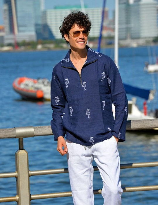 Men's Sicily All Over Embroidered Long Sleeve Zip Up Linen Shirts