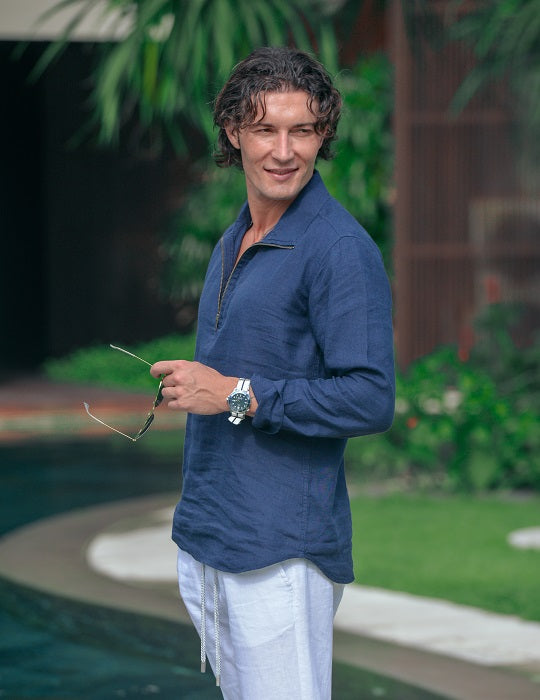 Men's Sicily Solid Long Sleeve Zip Up Linen Shirts